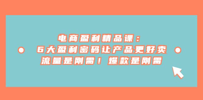 电商 盈利精品课：6大盈利 密码让产品更好卖，流量是刚需！爆款是刚需网赚项目-副业赚钱-互联网创业-资源整合众享汇研习社