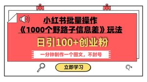 小红书批量操作《1000个野路子信息差》玩法 日引100+创业粉 一分钟一个图文网赚项目-副业赚钱-互联网创业-资源整合众享汇研习社
