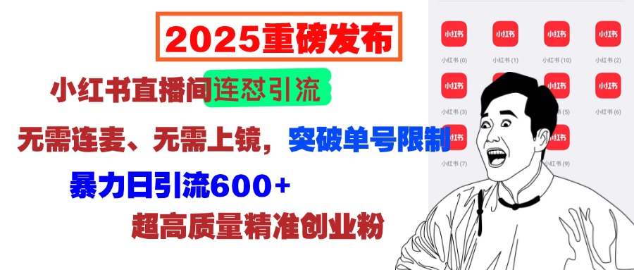 2025重磅发布：小红书直播间连怼引流，无需连麦、无需上镜，突破单号限制，暴力日引流600+超高质量精准创业粉网赚项目-副业赚钱-互联网创业-资源整合众享汇研习社
