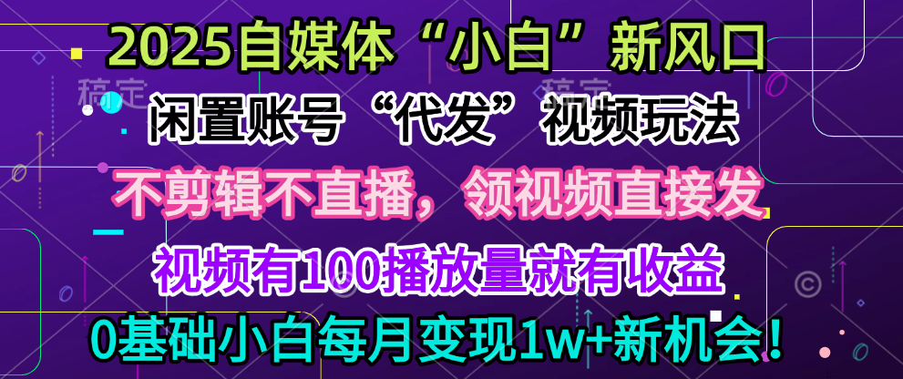 2025每月躺赚5w+新机会,闲置视频账号一键代发玩法,0粉不实名不剪辑,领了视频直接发,0基础小白也能日入300+网赚项目-副业赚钱-互联网创业-资源整合众享汇研习社