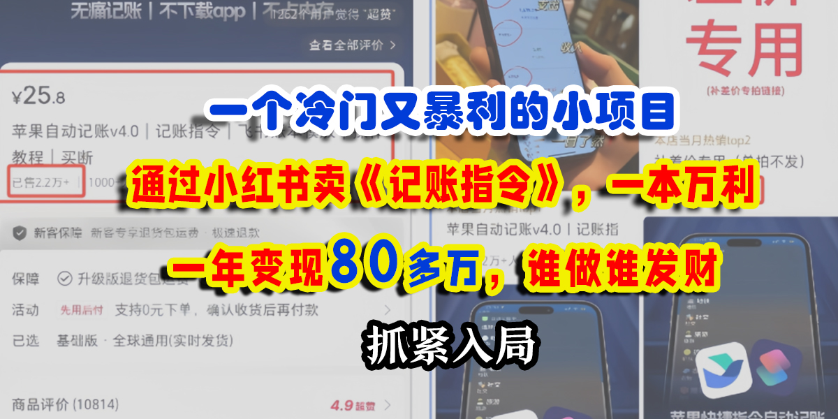 一个冷门又暴利的小项目，通过小红书卖《记账指令》，一本万利，一年变现80多万，谁做谁发财网赚项目-副业赚钱-互联网创业-资源整合众享汇研习社