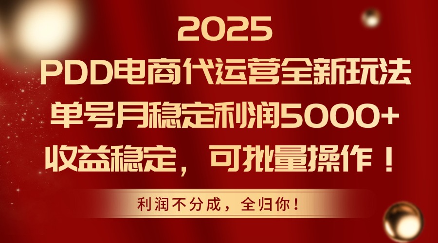 2025 PDD电商代运营全新玩法,单号月稳定利润5000+,收益稳定,可批量操作!网赚项目-副业赚钱-互联网创业-资源整合众享汇研习社