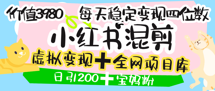 价值3980的小红书混剪, 虚拟变现 +全网项目库 , 日引200+宝妈创业粉,每天稳定四位数变现网赚项目-副业赚钱-互联网创业-资源整合众享汇研习社