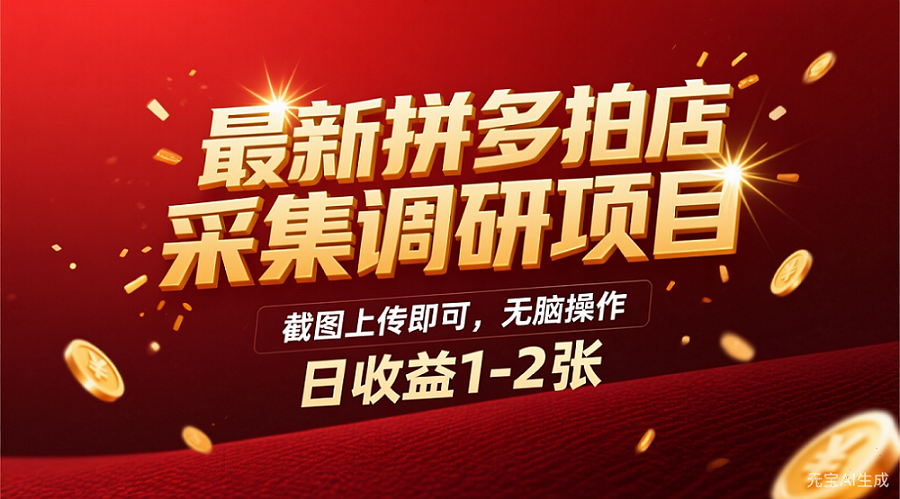 最新拼多多拍店采集调研项目，截图上传即可，无脑操作，日收益1-2张网赚项目-副业赚钱-互联网创业-资源整合众享汇研习社